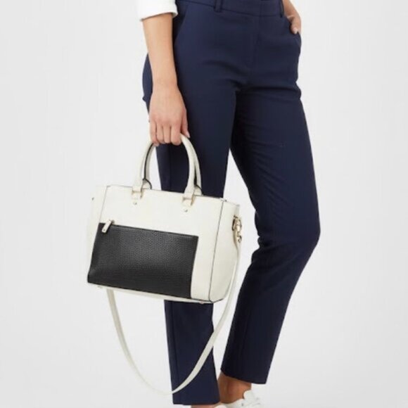 Two-Tone Women's White Black Leather Satchel Tote Bag Large - Picture 1 of 11